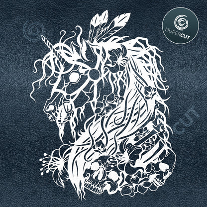 Unicorn with skulls, horror tattoo style. Paper cutting template SVG PNG DXF files. For DIY projects Cricut, Glowforge, Silhouette Cameo, CNC Machines.
