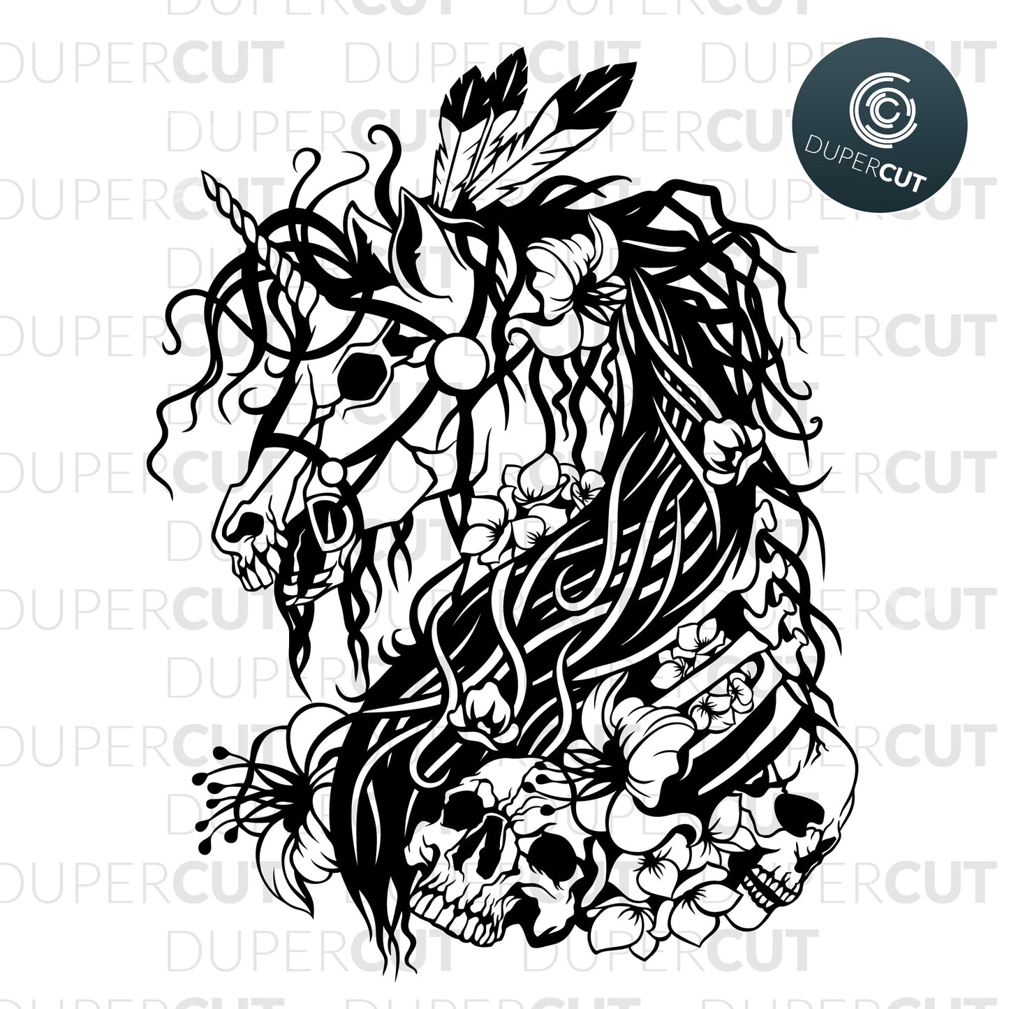 Zombie Unicorn gothic line art illustration. Paper cutting template SVG PNG DXF files. For DIY projects Cricut, Glowforge, Silhouette Cameo, CNC Machines.