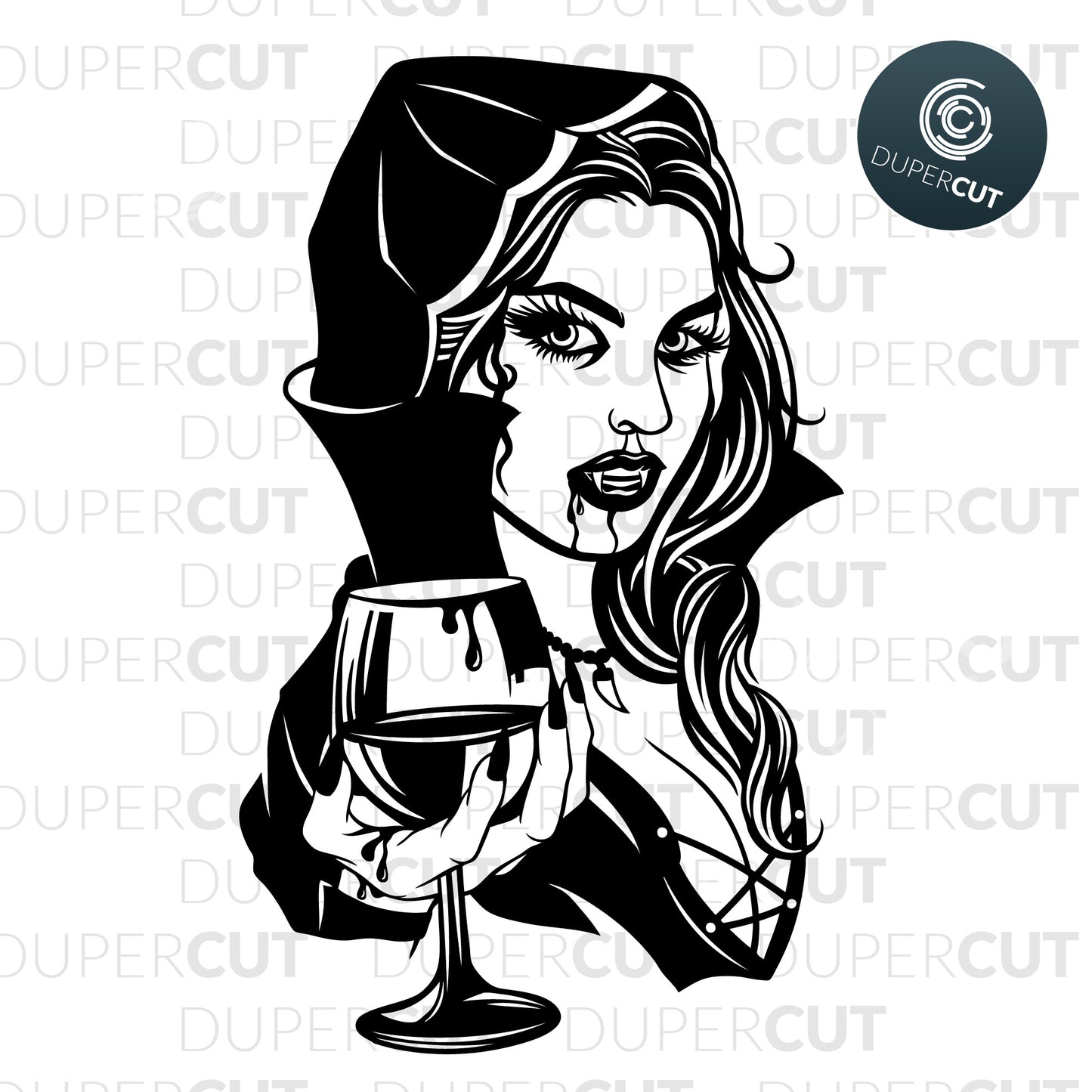 SVG PNG DXF Vampire woman gothic line art illustration - paper cutting template, print on demand files, for Cricut, Grlowforge, Silhouette