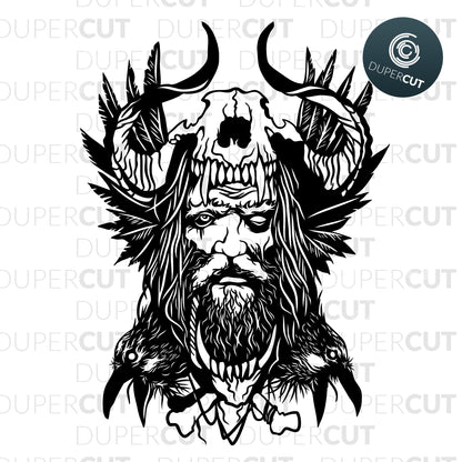 Viking with ravens, detailed line art illustration. Paper cutting template SVG PNG DXF files. For DIY projects Cricut, Glowforge, Silhouette Cameo, CNC Machines.