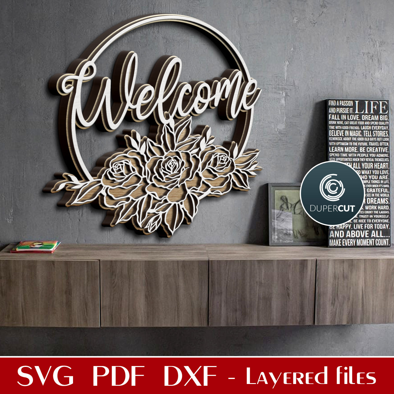 Flower arrangement welcome sign - add custom name - SVG DXF vector files pattern for Glowforge, Cricut, Silhouette, CNC plasma machines by DuperCut.com