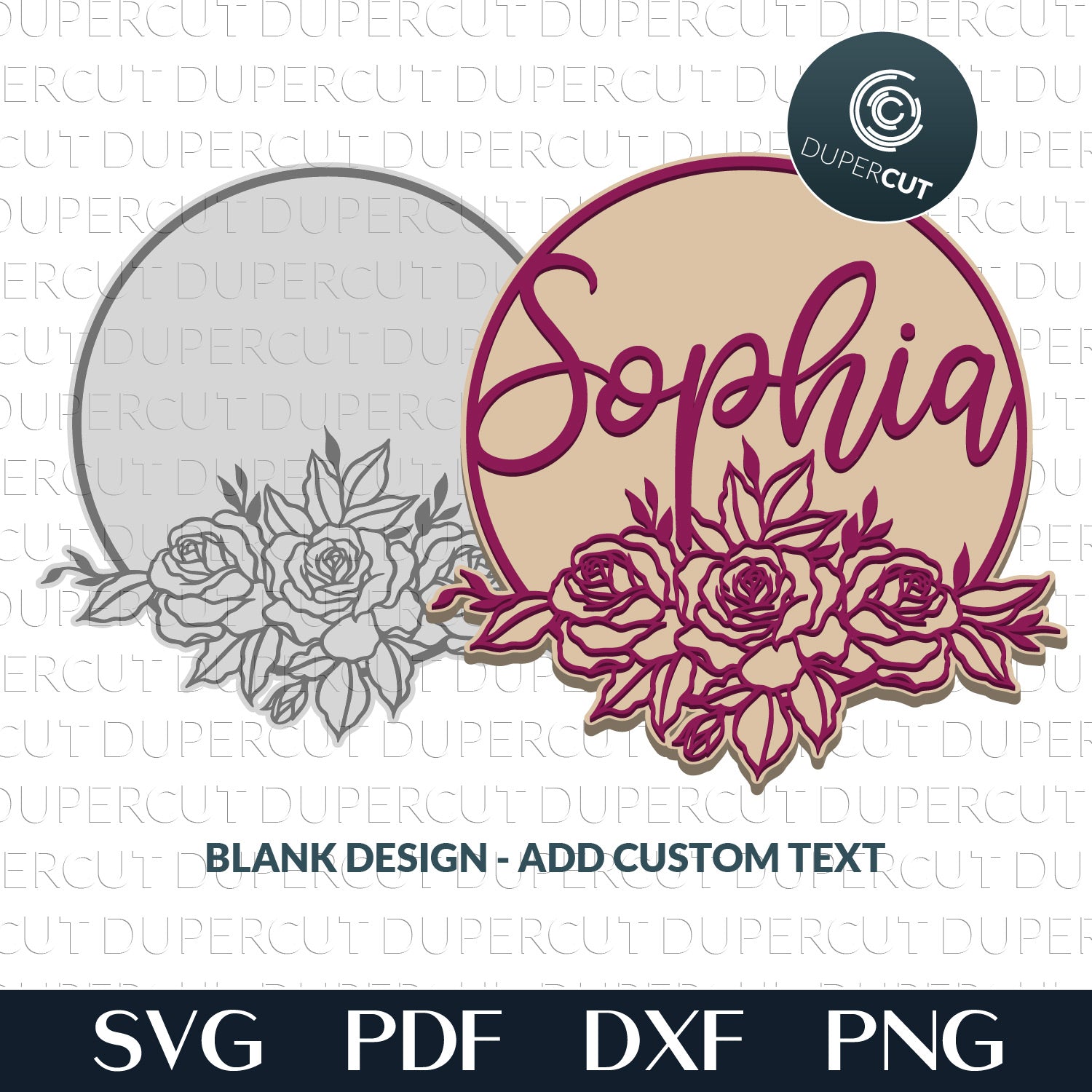Floral girls room door hanger add custom name - SVG DXF vector files pattern for Glowforge, Cricut, Silhouette, CNC plasma machines by DuperCut.com