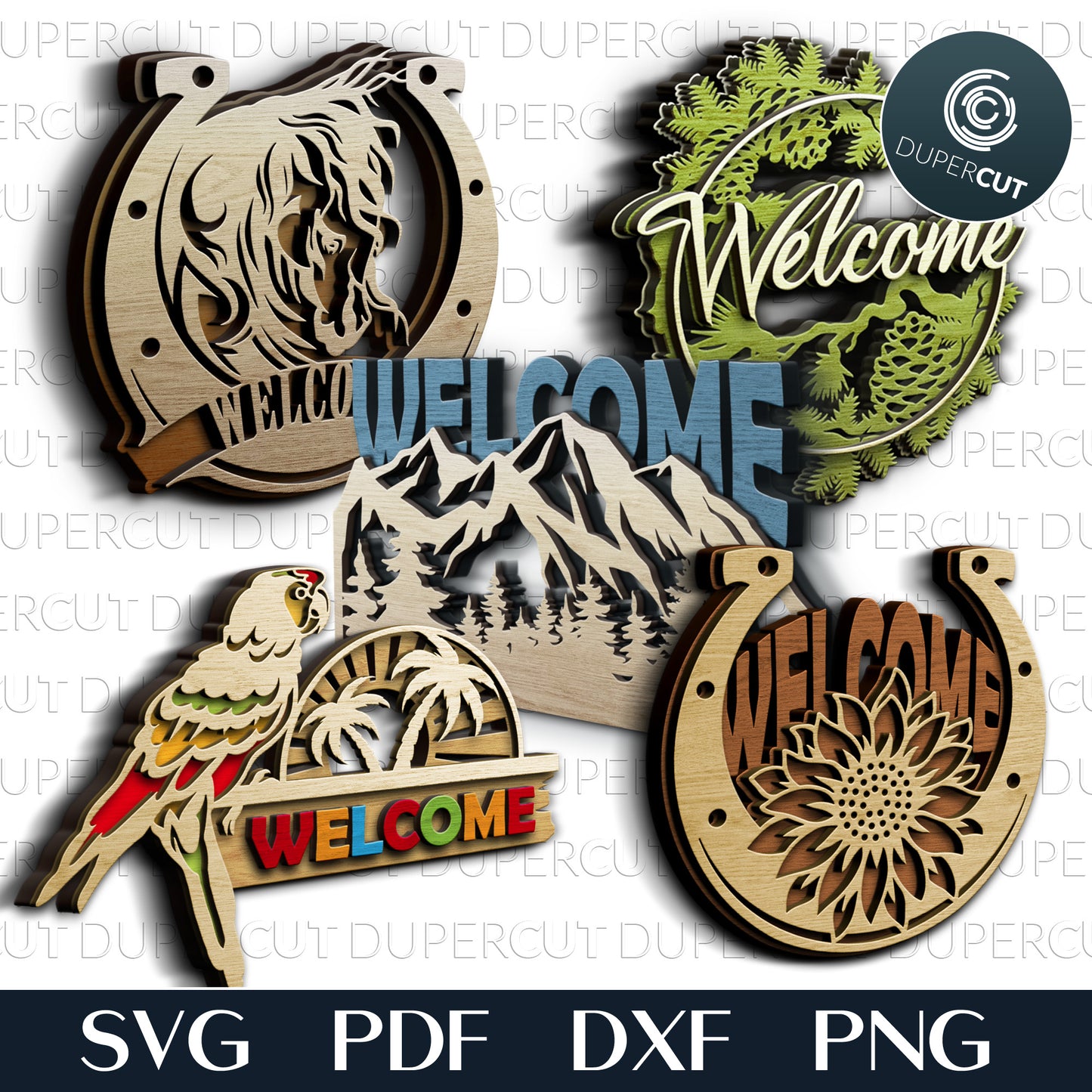 Welcome signs bundle - five designs - dual layer laser cutting files - SVG PDF DXF vector designs for Glowforge, Cricut, Silhouette Cameo, CNC plasma machines by DuperCut