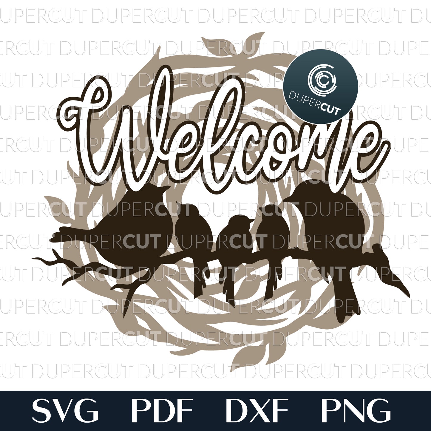 Birds nest welcome sign - cottage decoration  - SVG PDF DXF layered cutting files for laser machines, Glowforge, Cricut, Silhouette cameo, CNC plasma