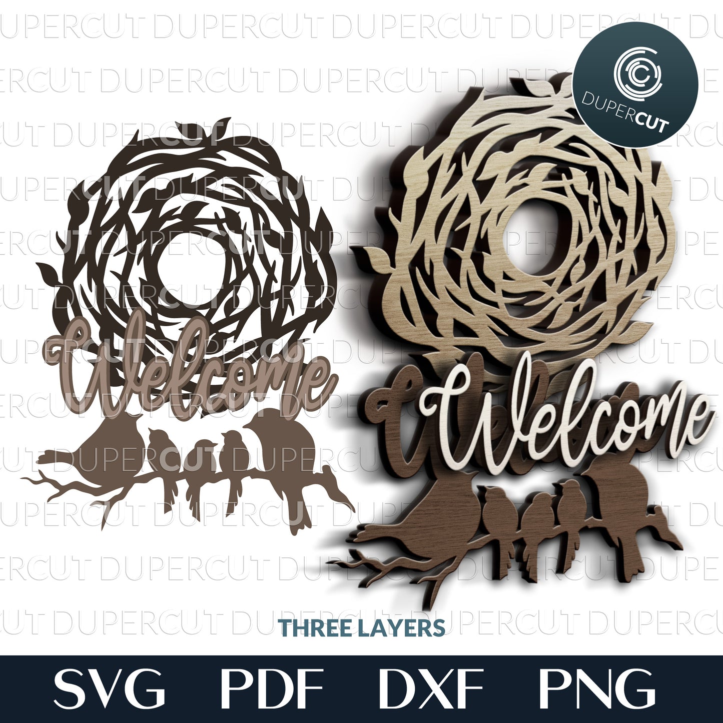 Birds nest welcome sign - layered laser cutting files SVG PDF DXF templates for commercial use. Glowforge, Cricut, Silhouette Cameo, CNC plasma machines