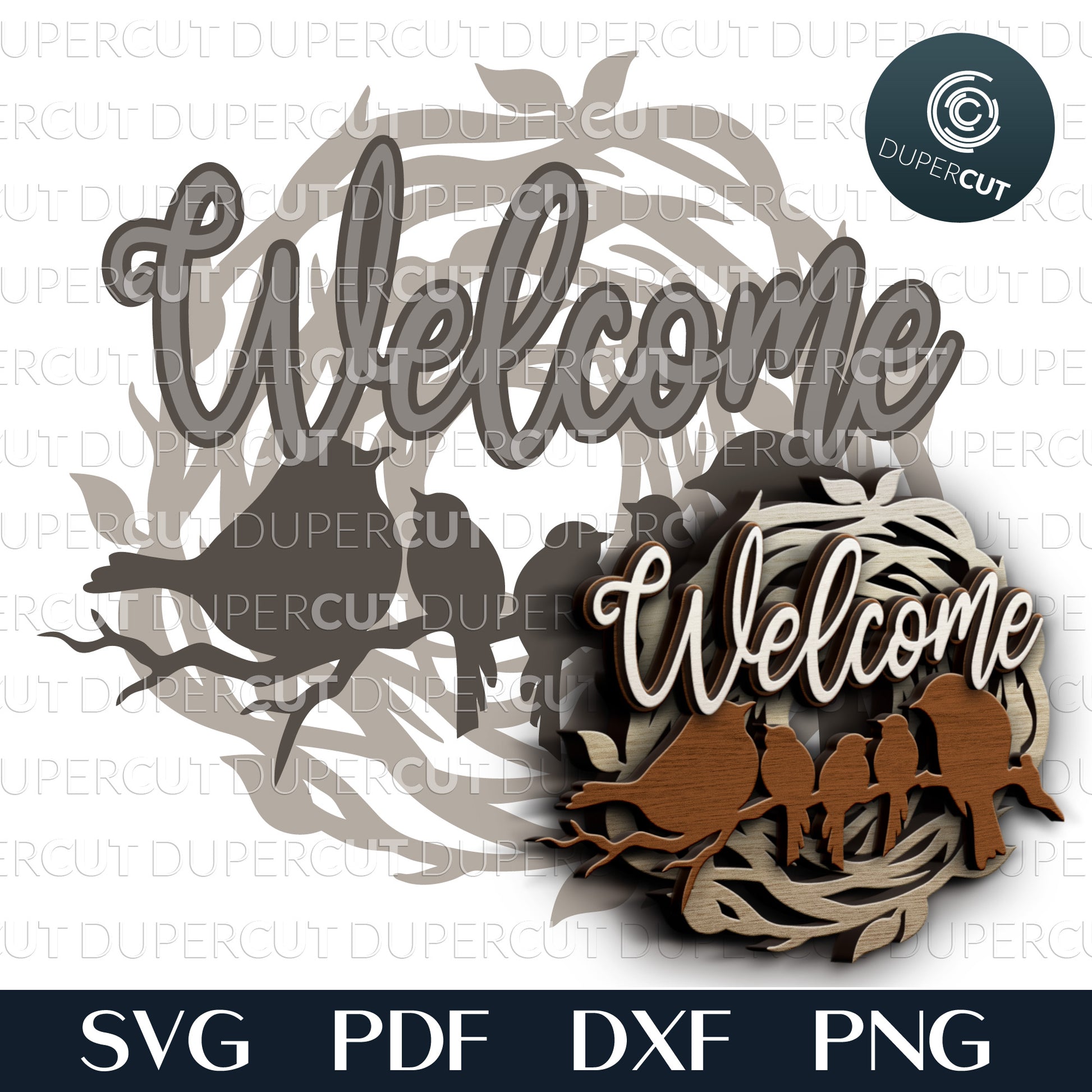 Family nest welcome sign - SVG PDF DXF layered cutting files for laser machines, Glowforge, Cricut, Silhouette cameo, CNC plasma