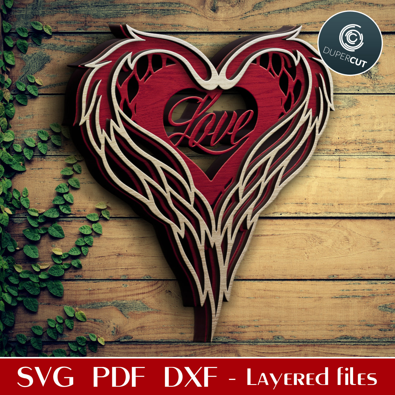 Love heart with wings - Valentines Day layered cutting files SVG PDF DXF vector template for laser machines, Glowforge, Cricut, Silhouette cameo