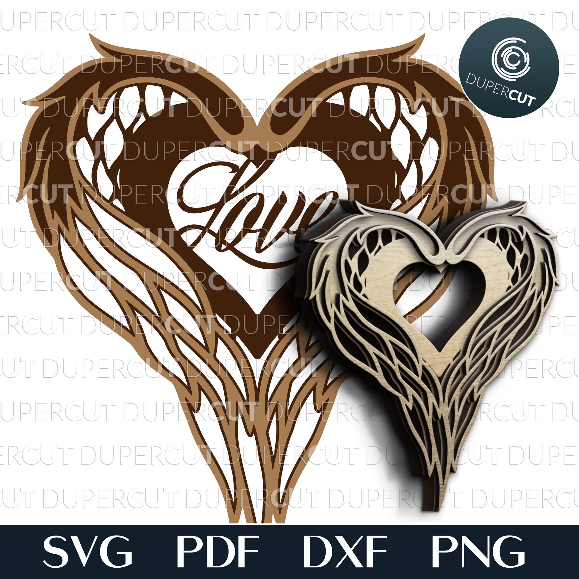 Winged heart - Valentines Day layered cutting files SVG PDF DXF vector template for laser machines, Glowforge, Cricut, Silhouette cameo