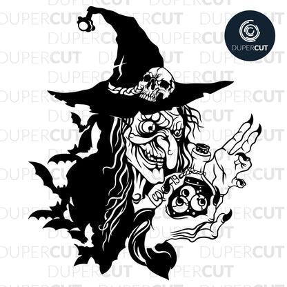 Old Witch with Covid potion, black detailed illustration. SVG JPEG DXF files. Template for paper cutting, laser, print on demand. For use with Cricut, Glowforge, Silhouette Cameo, CNC machines. Personal or commercial license.