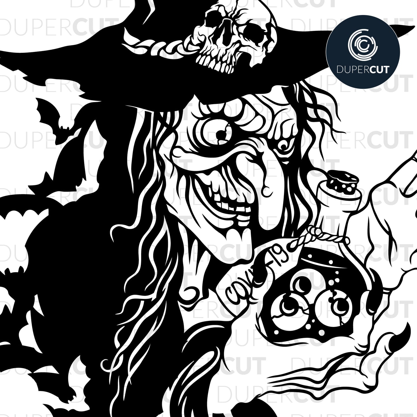 Halloween witch with skull and bats. SVG JPEG DXF files. Template for paper cutting, laser, print on demand. For use with Cricut, Glowforge, Silhouette Cameo, CNC machines. Personal or commercial license.