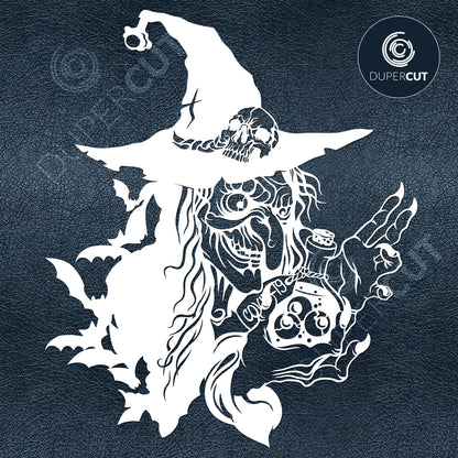 Ugly old witch, tatto style illustration. SVG JPEG DXF files. Template for paper cutting, laser, print on demand. For use with Cricut, Glowforge, Silhouette Cameo, CNC machines. Personal or commercial license.