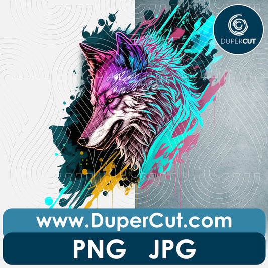 Angry wolf abstract design - color png with transparent background for sublimation, screen printing, print on demand by www.DuperCut.com