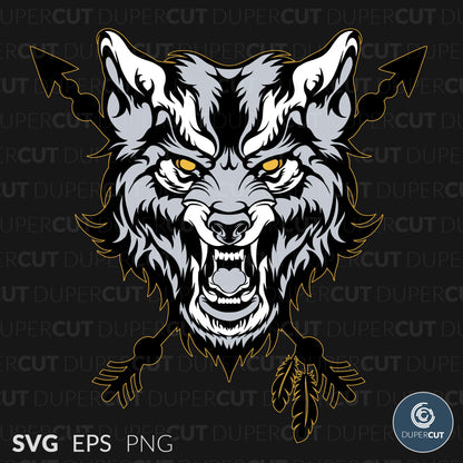 Angry Wolf template - EPS, SVG, PNG files. Vector Colour illustration for print on demand, sublimation, custom t-shirts, hoodies, tumblers.
