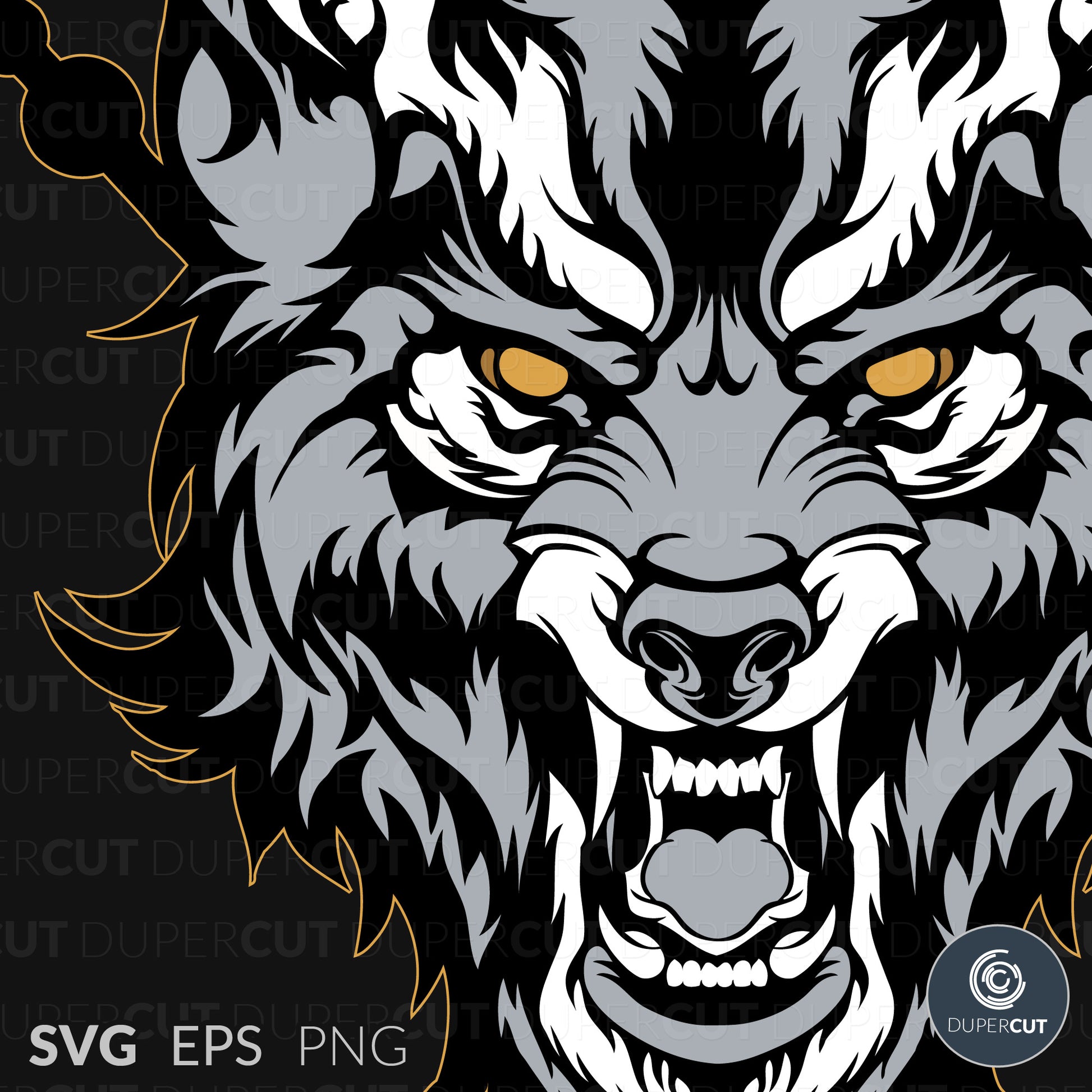 Roaring wolf head - EPS, SVG, PNG files. Vector Colour illustration for print on demand, sublimation, custom t-shirts, hoodies, tumblers.