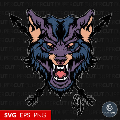 Angry Wolf - EPS, SVG, PNG files. Vector Colour illustration for print on demand, sublimation, custom t-shirts, hoodies, tumblers.