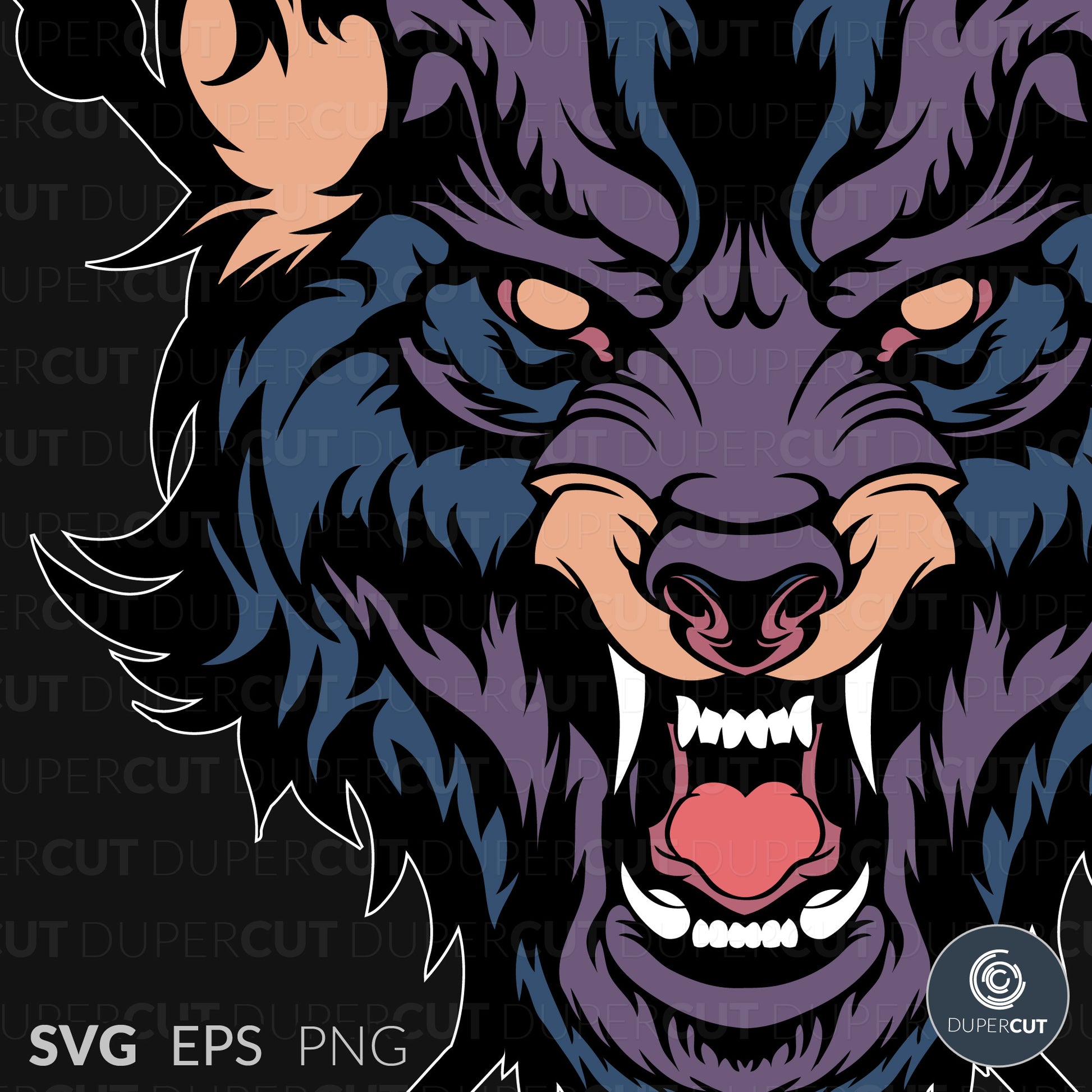 Wolf head - EPS, SVG, PNG files. Vector Colour illustration for print on demand, sublimation, custom t-shirts, hoodies, tumblers.