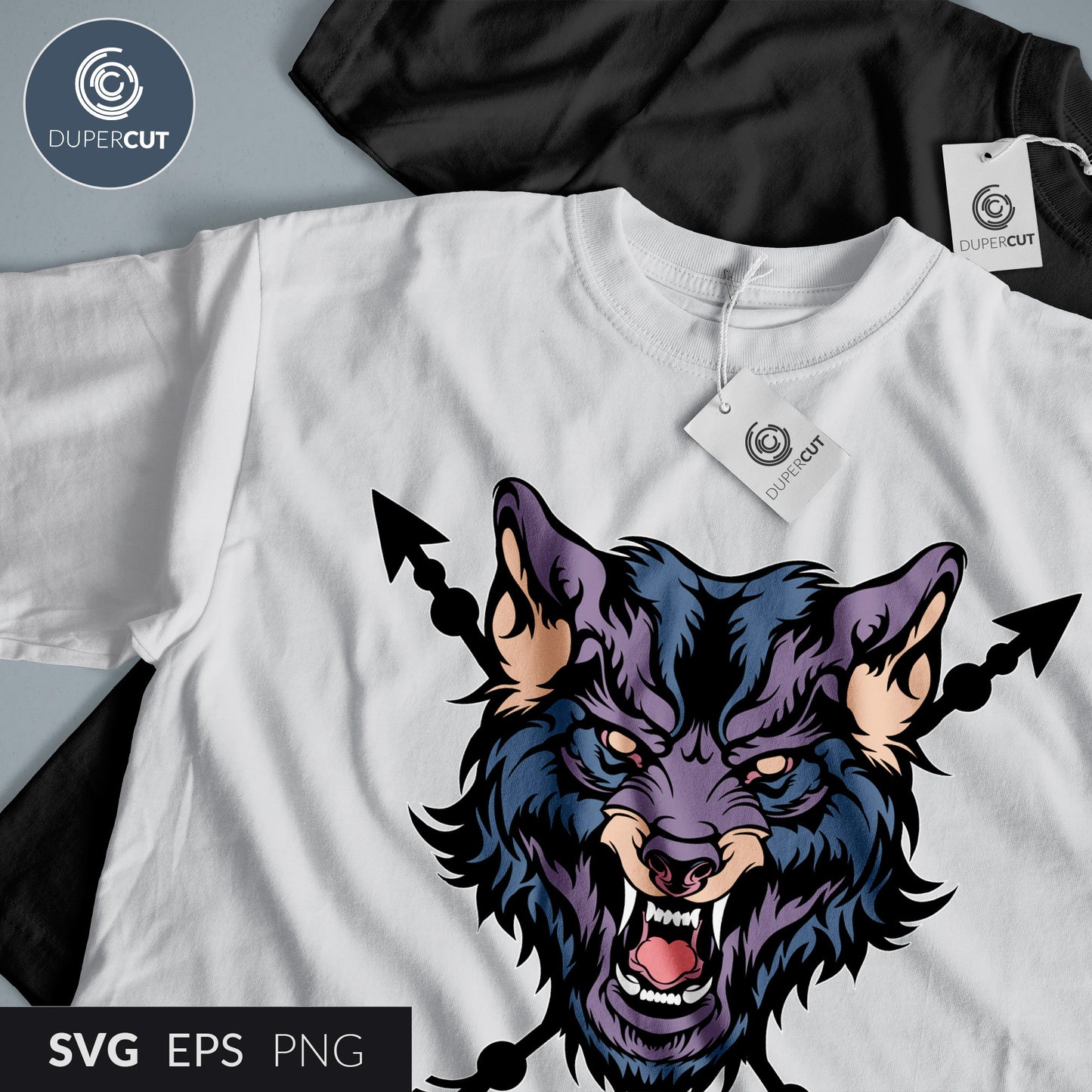 Wolf with arrows - Custom apparel design, Amazon merch template - EPS, SVG, PNG files. Vector Colour illustration for print on demand, sublimation, custom t-shirts, hoodies, tumblers.