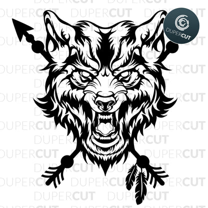 Roaring wolf head with indian arrows.. Paper cutting template SVG PNG DXF files. For DIY projects Cricut, Glowforge, Silhouette Cameo, CNC Machines.