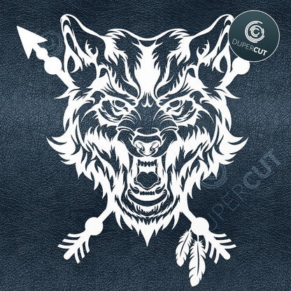 Angry wolf head with native american arrows. Paper cutting template SVG PNG DXF files. For DIY projects Cricut, Glowforge, Silhouette Cameo, CNC Machines.