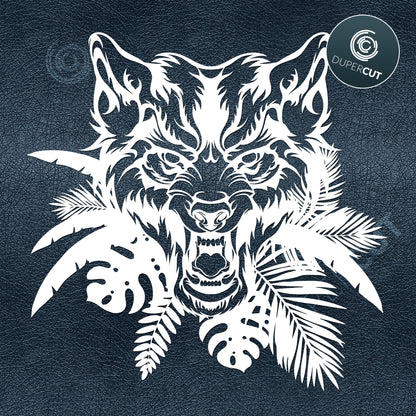 Angry jungle wolf. Black line art design.. Paper cutting template SVG PNG DXF files. For DIY projects Cricut, Glowforge, Silhouette Cameo, CNC Machines.