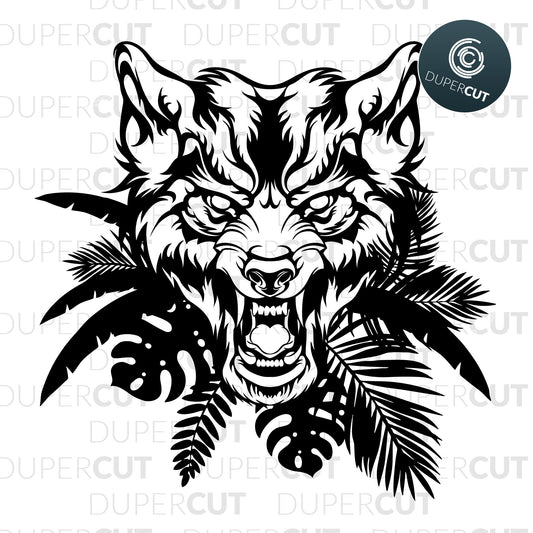 Roaring wolf with jungle leaves. Tattoo style illustration. Paper cutting template SVG PNG DXF files. For DIY projects Cricut, Glowforge, Silhouette Cameo, CNC Machines.