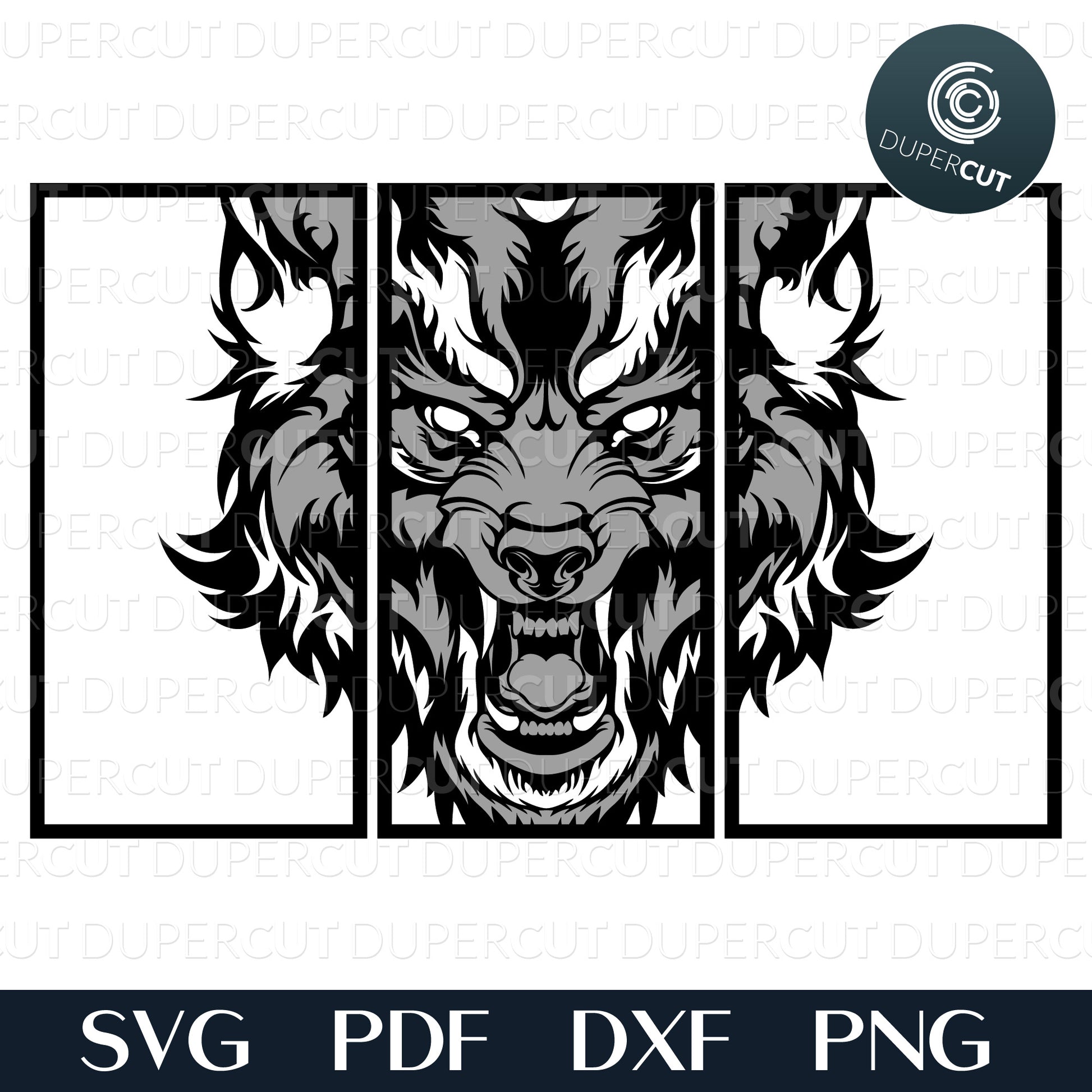 Three panels Roaring wolf 3D DIY layered wood laser cutting template - SVG DXF PDF files for Cricut, Glowforge, Silhouette Cameo, CNC Machines