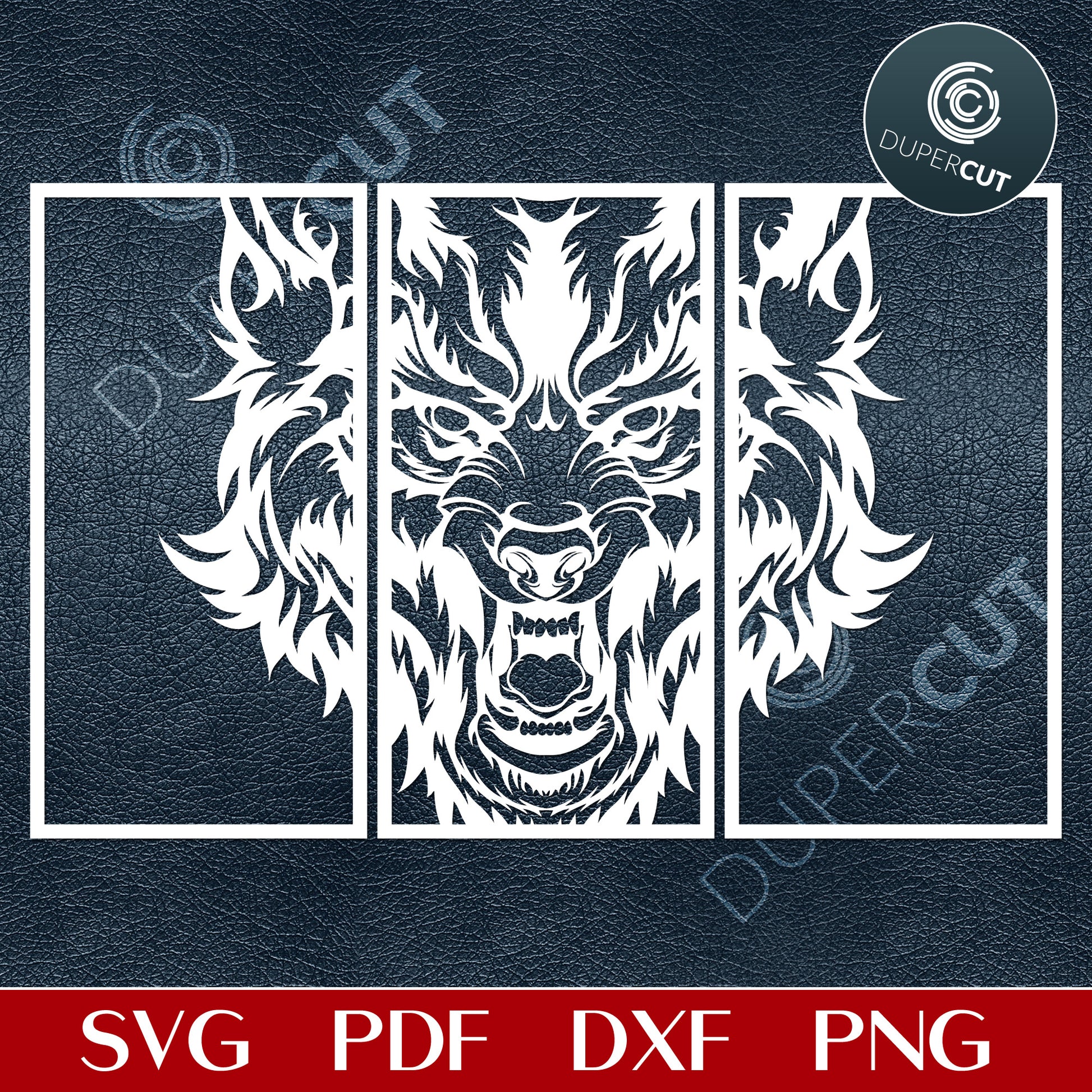 Angry wolf - Three panel wall art paper cutting template - SVG DXF PDF files for Cricut, Glowforge, Silhouette Cameo, CNC Machines