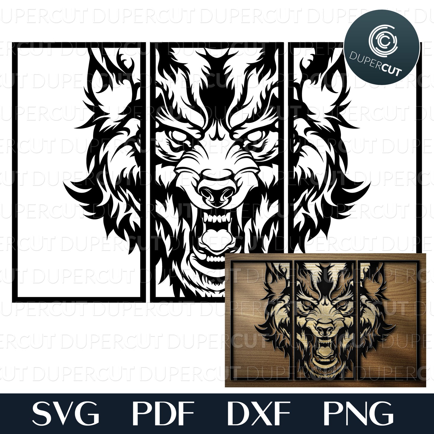 Wolf three panel wall art DIY layered wood laser cutting template - SVG DXF PDF files for Cricut, Glowforge, Silhouette Cameo, CNC Machines