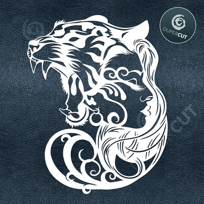 Morphing tiger woman, tattoo illustration.. Paper cutting template SVG PNG DXF files. For DIY projects Cricut, Glowforge, Silhouette Cameo, CNC Machines.