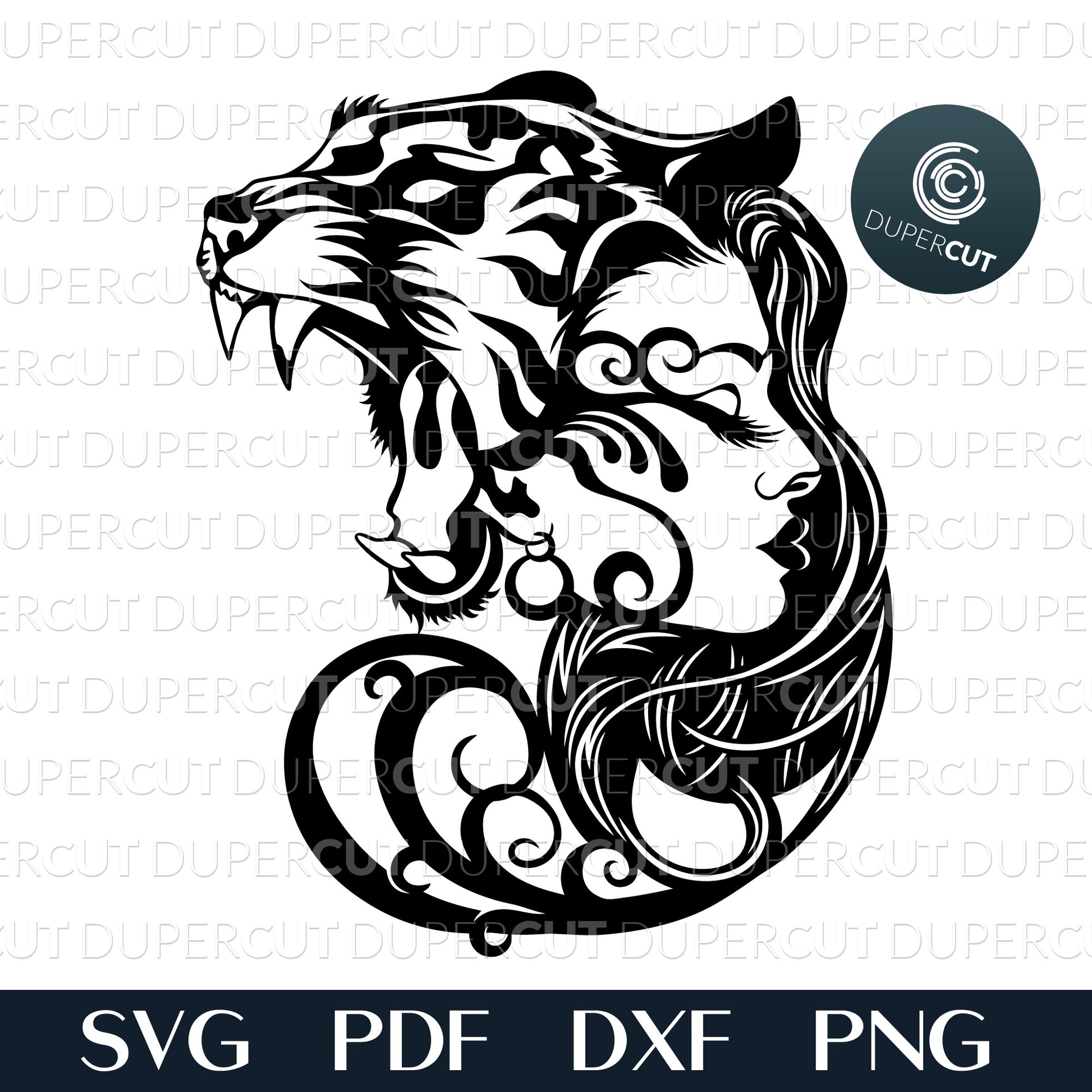 Woman with Tiger headdress, vector illustration.. Paper cutting template SVG PNG DXF files. For DIY projects Cricut, Glowforge, Silhouette Cameo, CNC Machines.