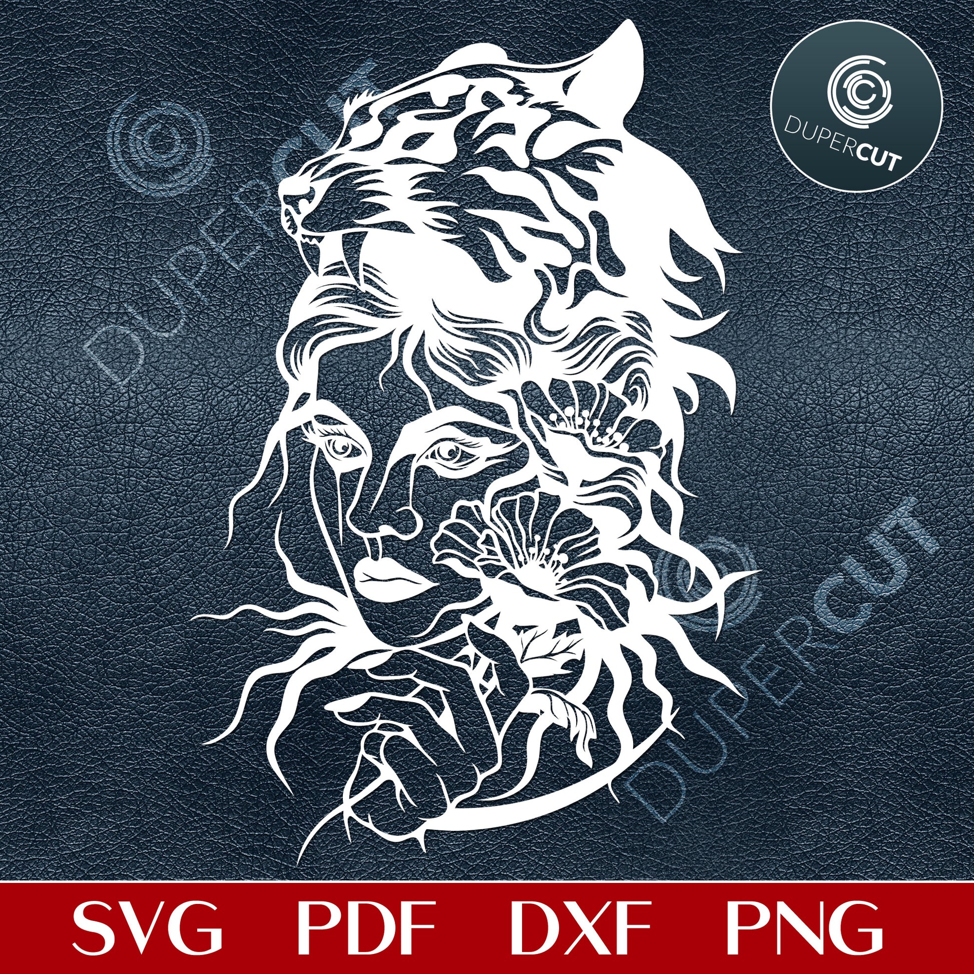 Girl with Tiger headdress and flowers, vector line drawing. Laser cutting template SVG PNG DXF files. For DIY projects Cricut, Glowforge, Silhouette Cameo, CNC Machines.