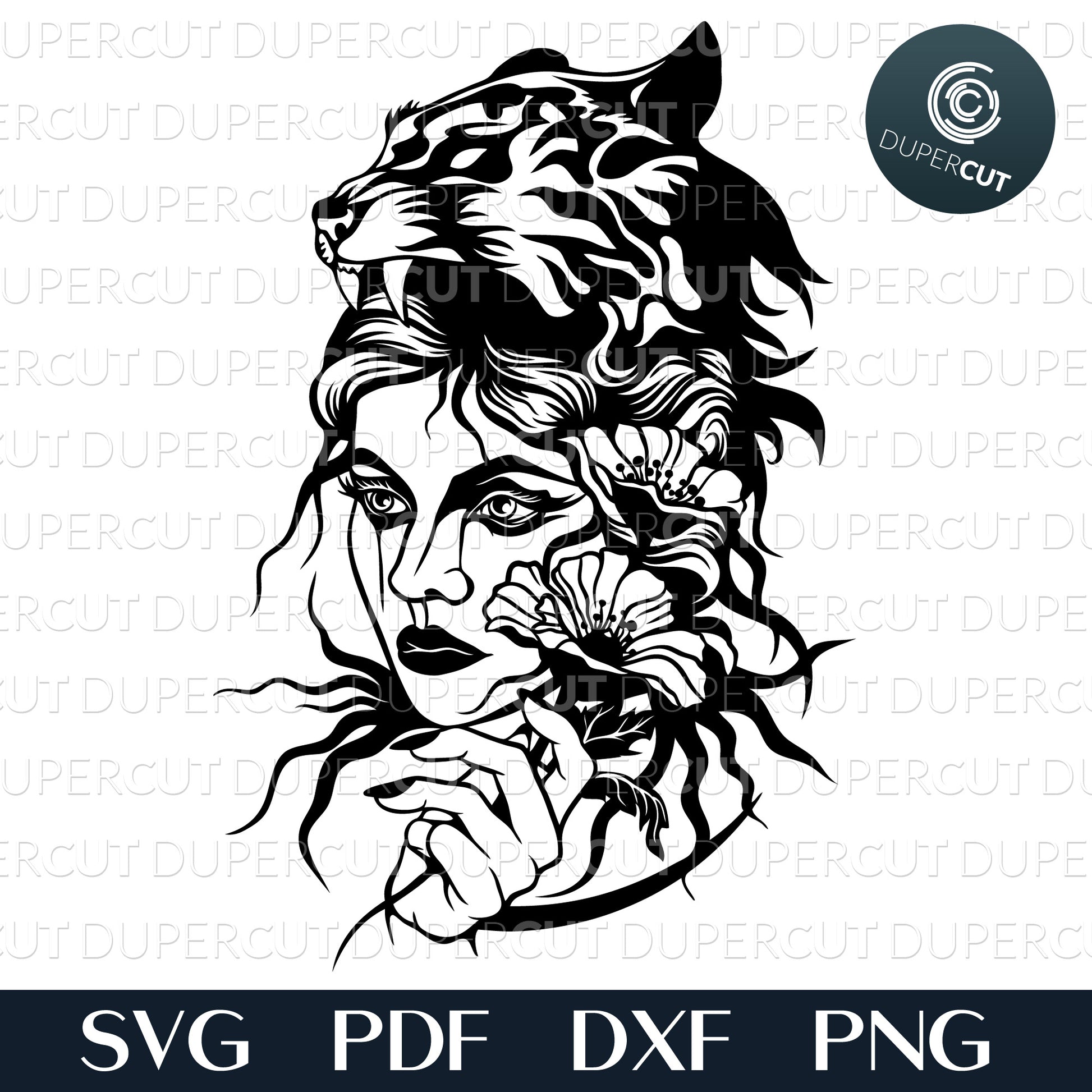Gothic Woman with Tiger headdress, vector illustration.. Paper cutting template SVG PNG DXF files. For DIY projects Cricut, Glowforge, Silhouette Cameo, CNC Machines.