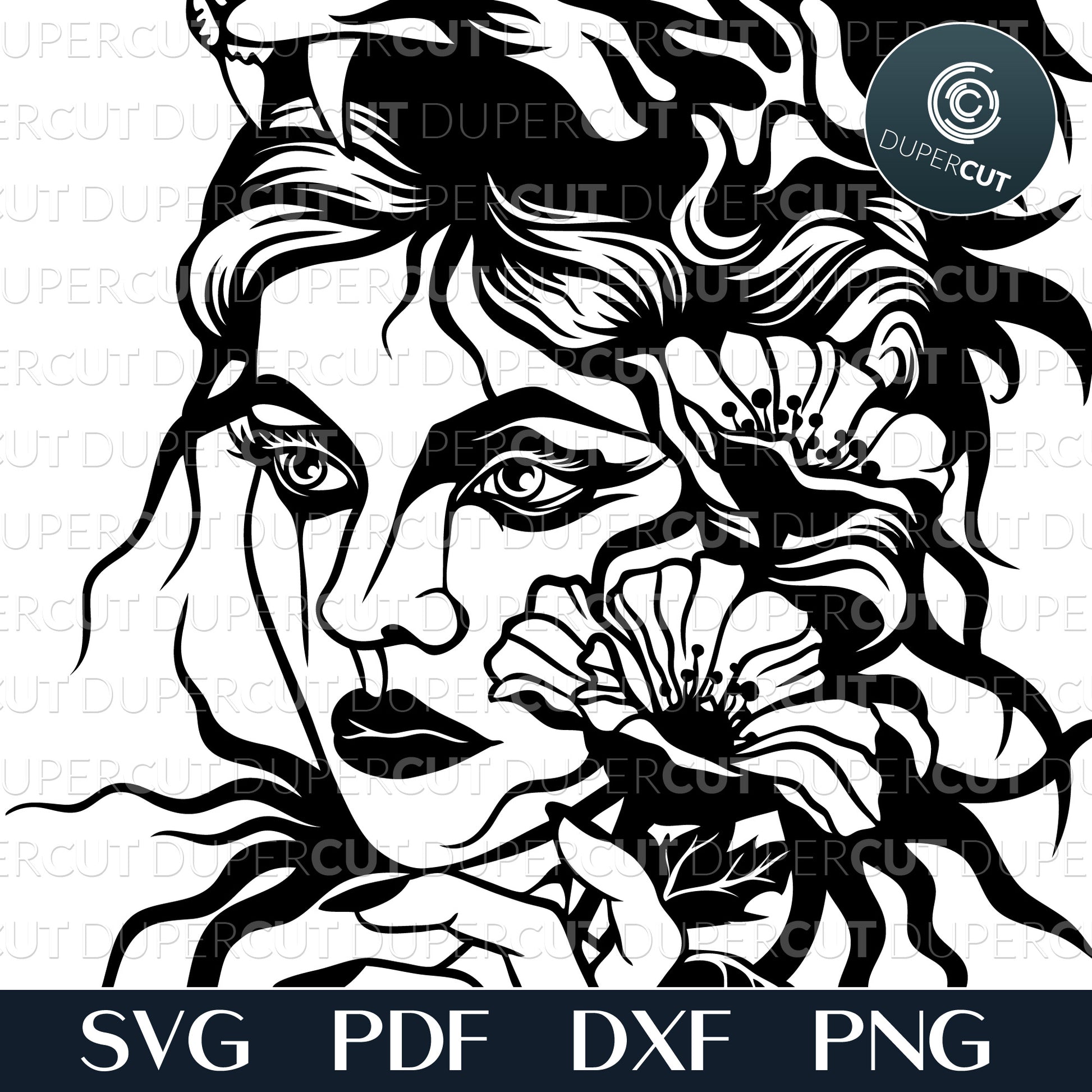 Woman with Tiger headdress, vector illustration.. Paper cutting template SVG PNG DXF files. For DIY projects Cricut, Glowforge, Silhouette Cameo, CNC Machines.