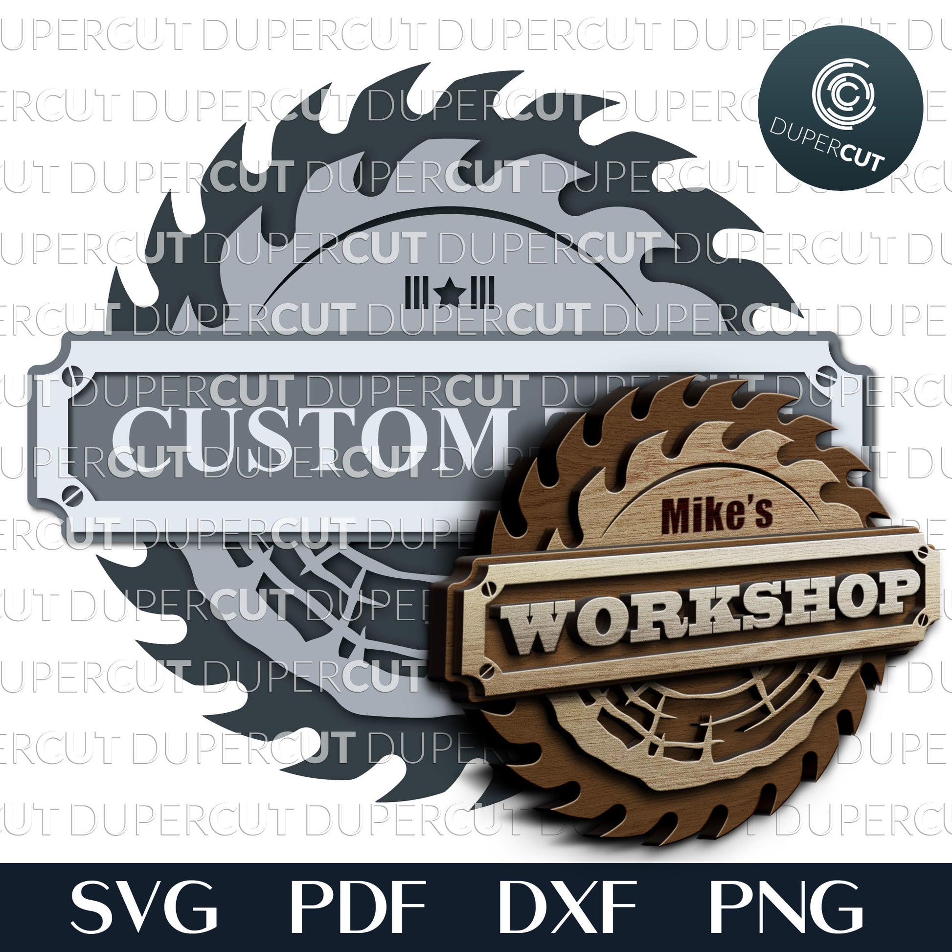 Custom name Workshop sign - SVG PDF DXF layered cutting files for laser and digital machines, Glowforge, Silhouette Cameo, Cricut, CNC plasma machines