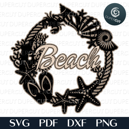 Seashells beach wreath, cottage decoration. Layered laser files. SVG JPEG DXF files. Template for paper cutting, laser cutting. For use with Cricut, Glowforge, Silhouette Cameo, CNC machines. 