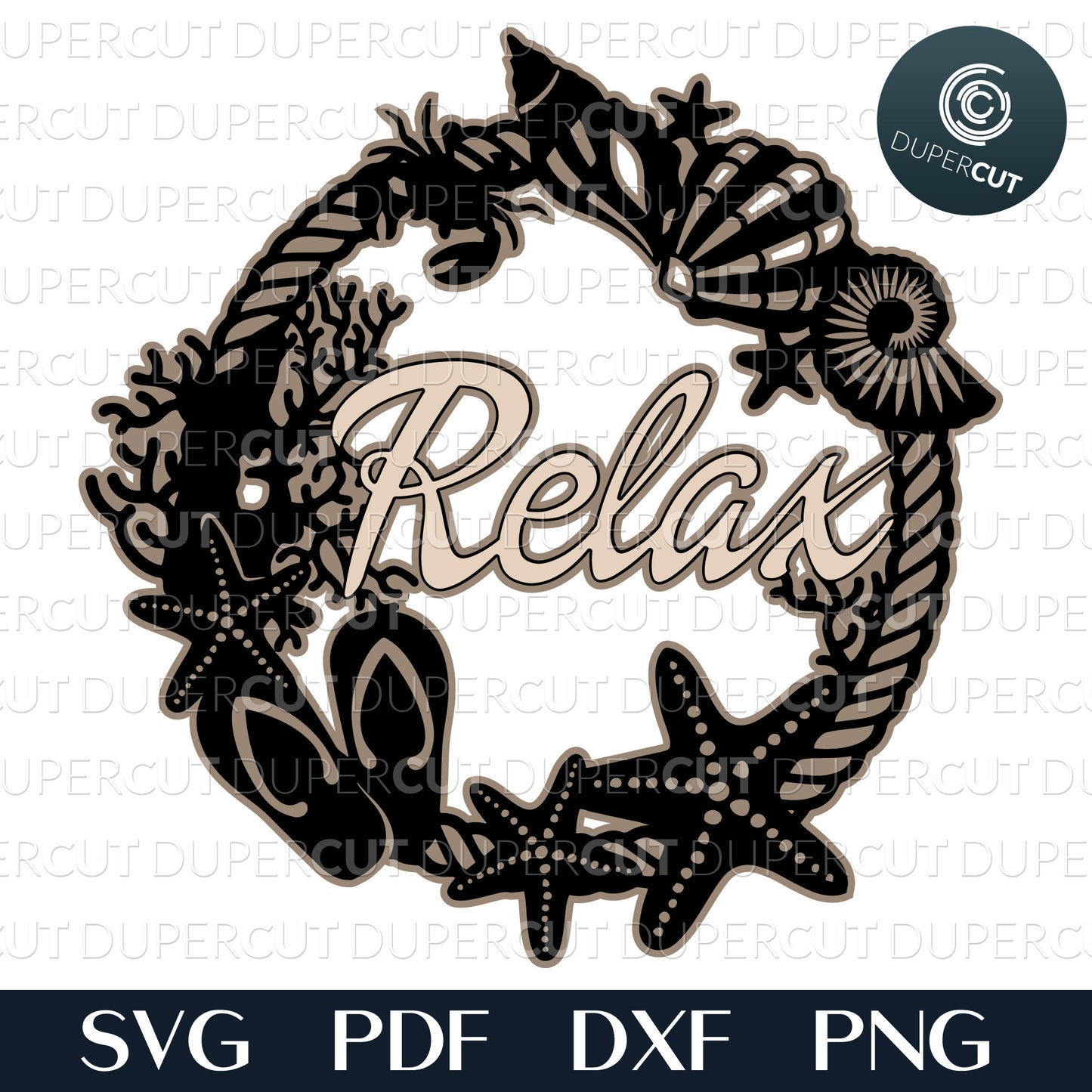 Seashells Relax wreath, cottage decoration. Layered laser files. SVG JPEG DXF files. Template for paper cutting, laser cutting. For use with Cricut, Glowforge, Silhouette Cameo, CNC machines. 