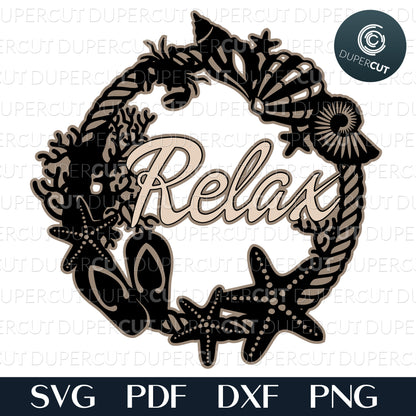 Seashells Relax wreath, cottage decoration. Layered laser files. SVG JPEG DXF files. Template for paper cutting, laser cutting. For use with Cricut, Glowforge, Silhouette Cameo, CNC machines. 