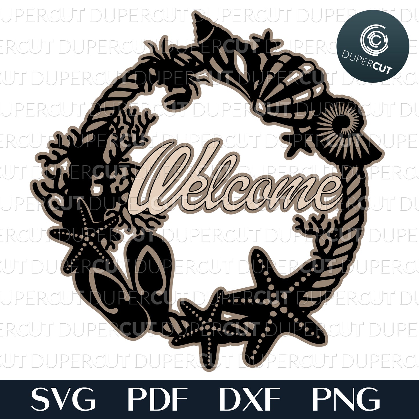 Seashells welcome wreath, cabin decoration. Layered laser files.  SVG JPEG DXF files. Template for paper cutting, laser cutting. For use with Cricut, Glowforge, Silhouette Cameo, CNC machines. Personal or commercial license.