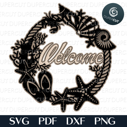 Seashells welcome wreath, cabin decoration. Layered laser files.  SVG JPEG DXF files. Template for paper cutting, laser cutting. For use with Cricut, Glowforge, Silhouette Cameo, CNC machines. Personal or commercial license.