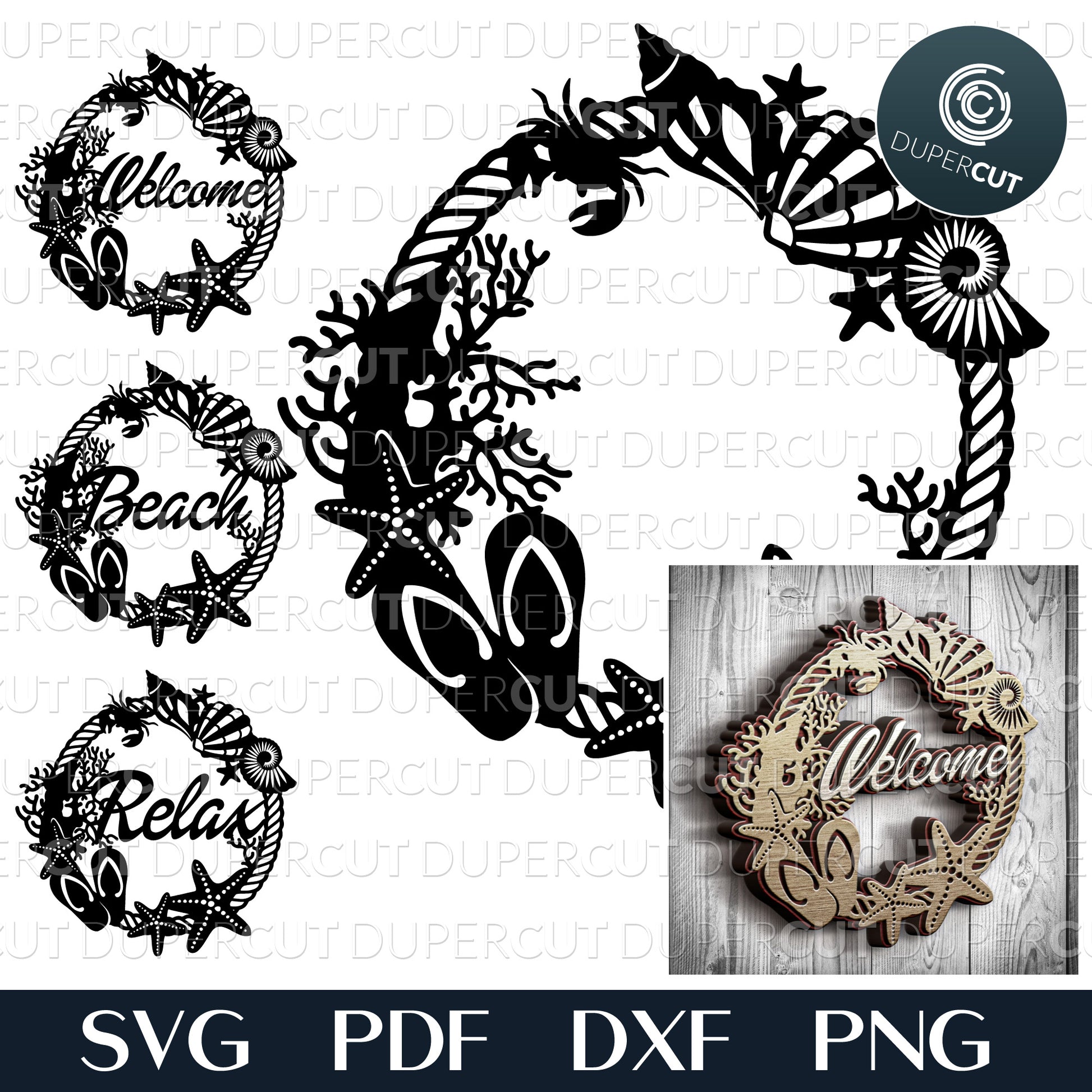 Layered laser files. Seashell wreaths bundle. SVG JPEG DXF files. Template for paper cutting, laser cutting. For use with Cricut, Glowforge, Silhouette Cameo, CNC machines. Personal or commercial license.