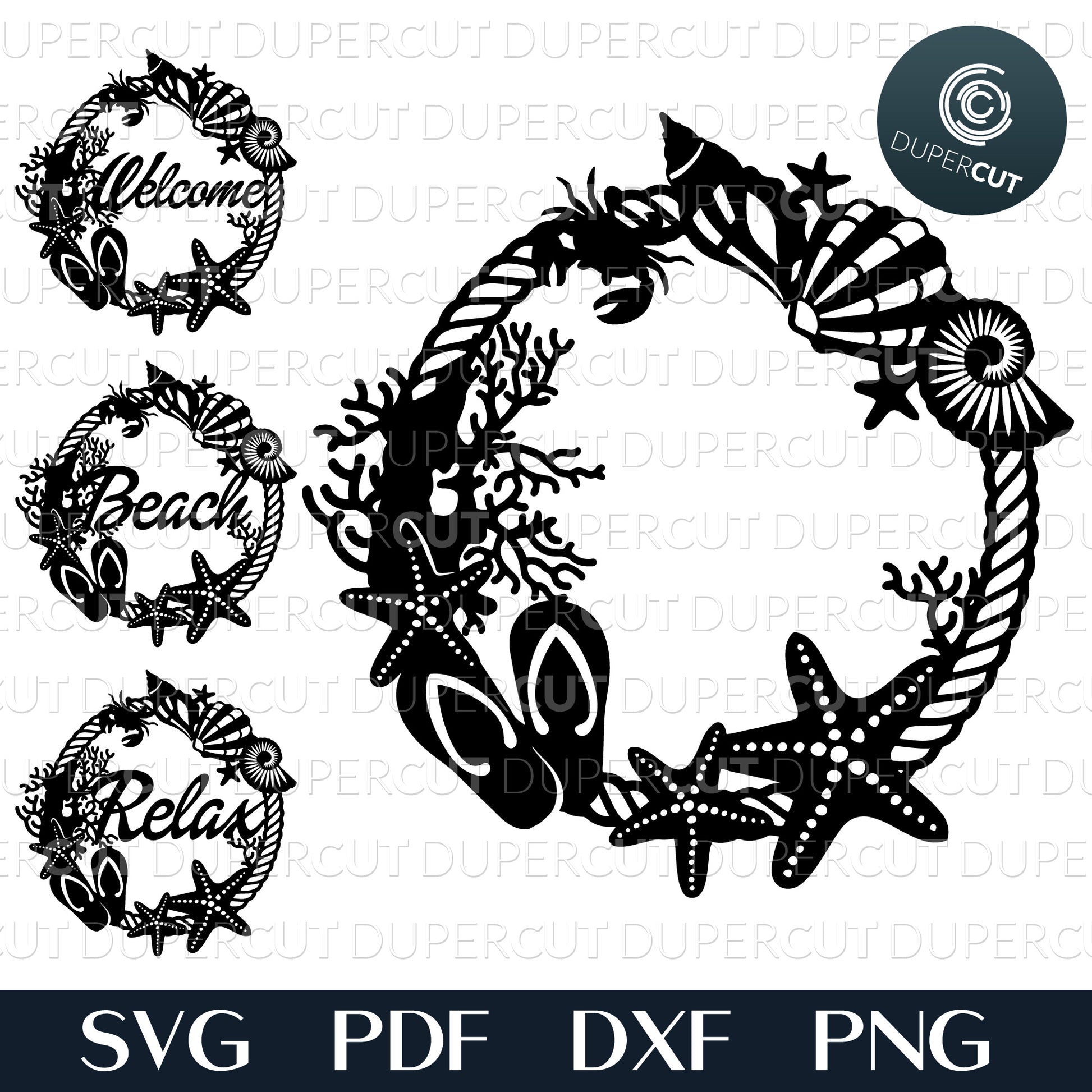 Nautical wreath with a beach vibe, cottage decoration. Seashells, starfish, flip-flops and corals. Layered SVG DXF vector files for Criuct, Glowforge, Silhouette, laser cutting and engraving.