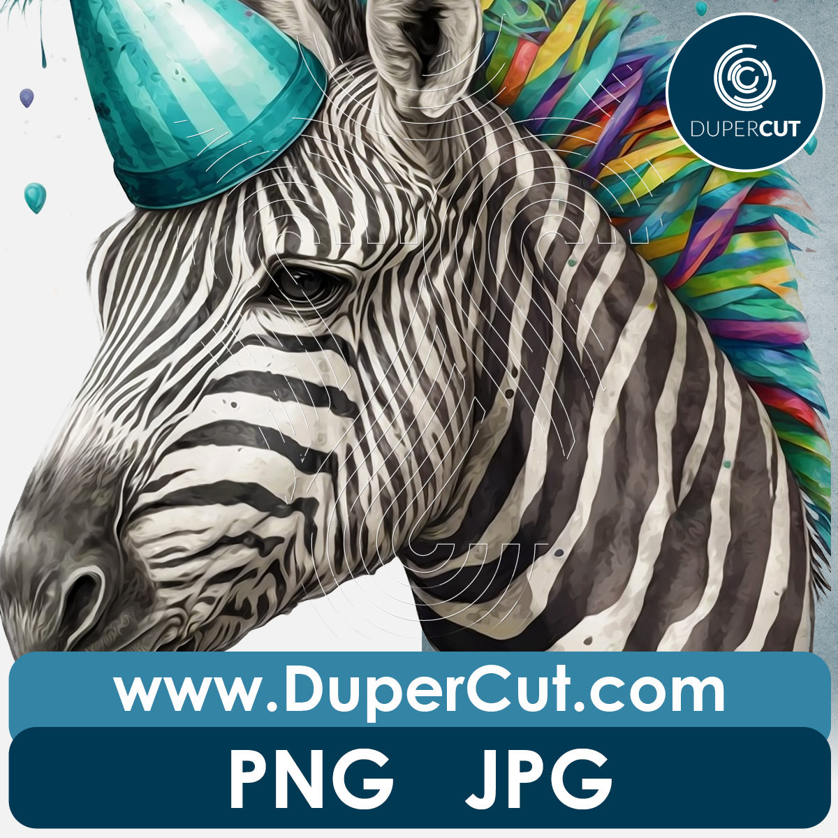 Colorful Zebra in a party hat with transparent background - PNG file sublimation pattern by www.dupercut.com