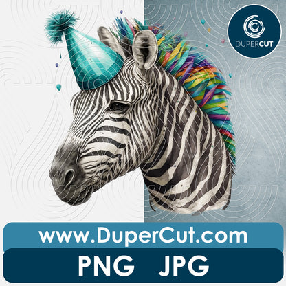 Zebra in a party hat with transparent background - PNG file sublimation pattern by www.dupercut.com
