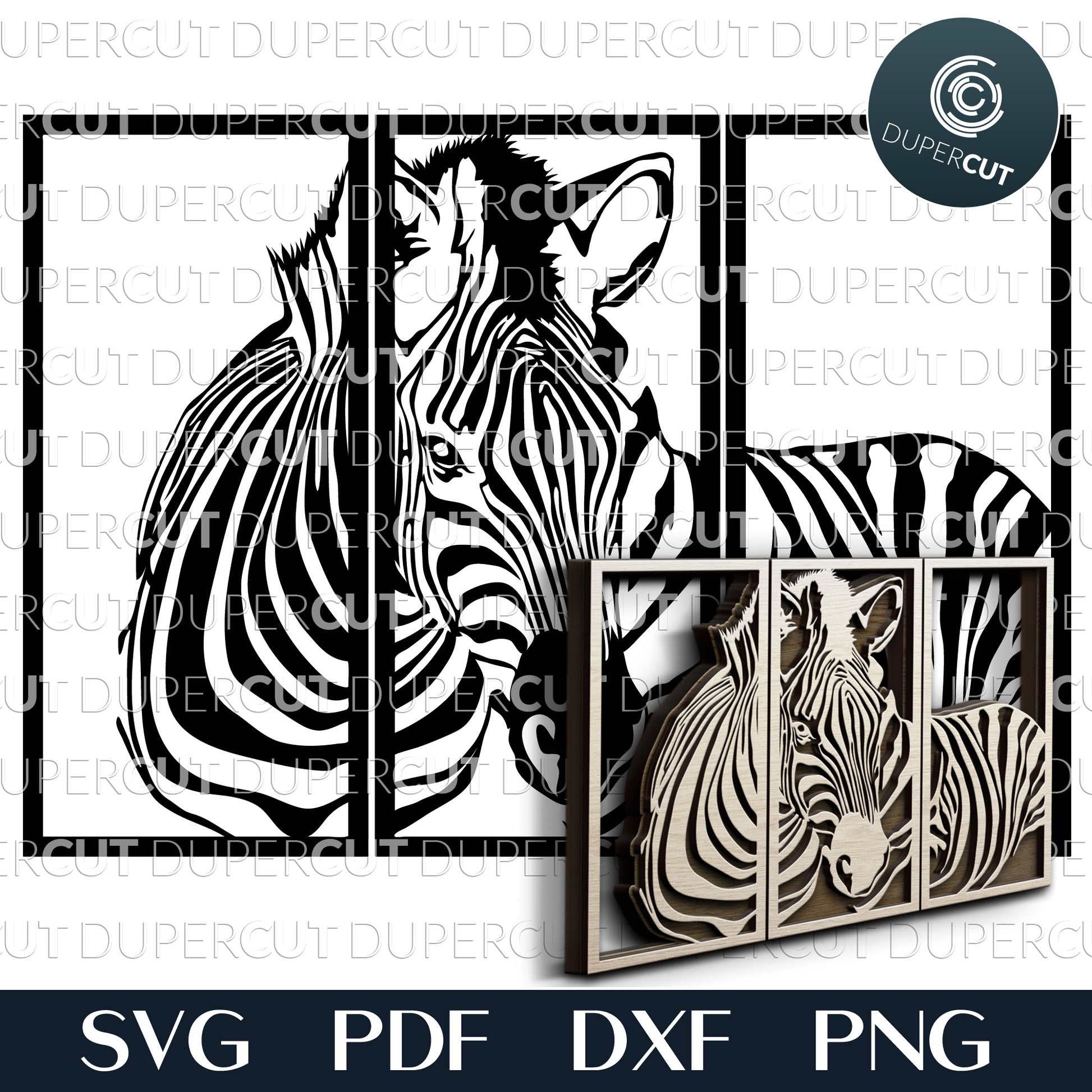 Three panel zebra diy wall art - SVG PDF DXF layered files for laser cutting with Glowforge, Cricut, Silhouette Cameo, CNC plasma machines