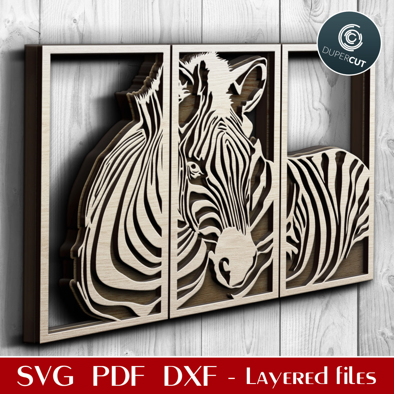 Multi panel zebra design - SVG PDF DXF layered files for laser cutting with Glowforge, Cricut, Silhouette Cameo, CNC plasma machines