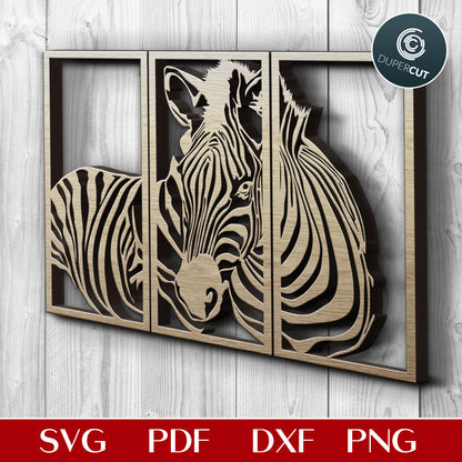 Three panel zebra cutting template - SVG PDF DXF vector files for laser cutting with Glowforge, Cricut, Silhouette Cameo, CNC plasma machines