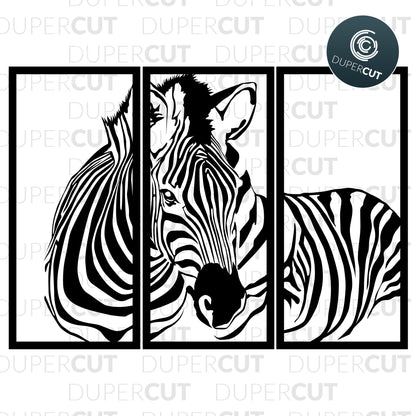 Zebra - Three panel wall decor  template - SVG DXF PNG files for Cricut, Glowforge, Silhouette Cameo, CNC Machines