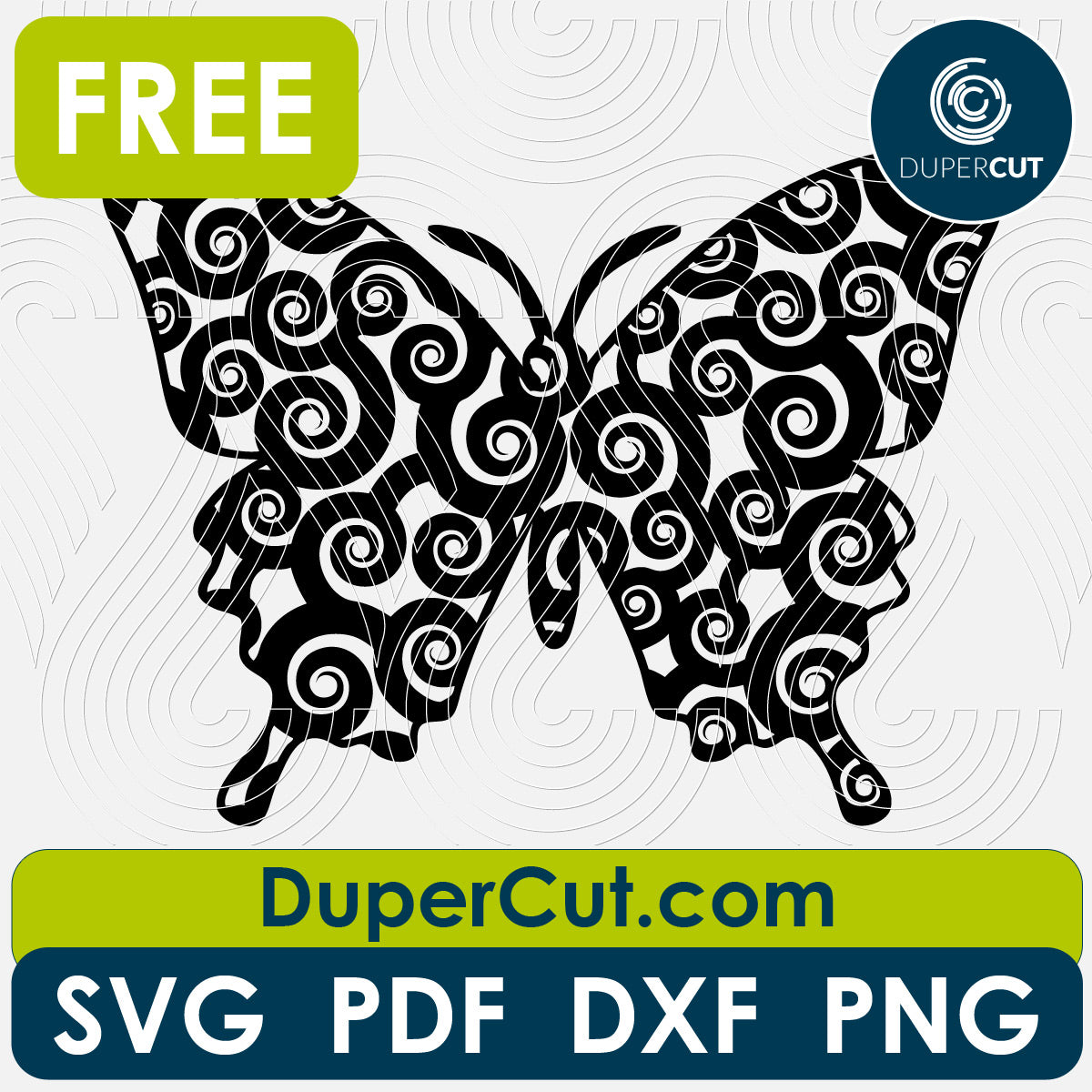 Butterfly curly pattern, FREE cutting template SVG PNG DXF files for Glowforge, Cricut, Silhouette, CNC laser router by DuperCut.com