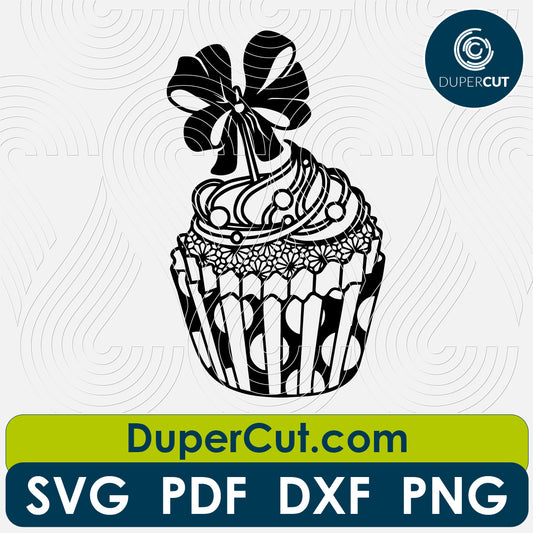 Cupcake muffin with bow, FREE cutting template SVG PNG DXF files for Glowforge, Cricut, Silhouette, CNC laser router by DuperCut.com