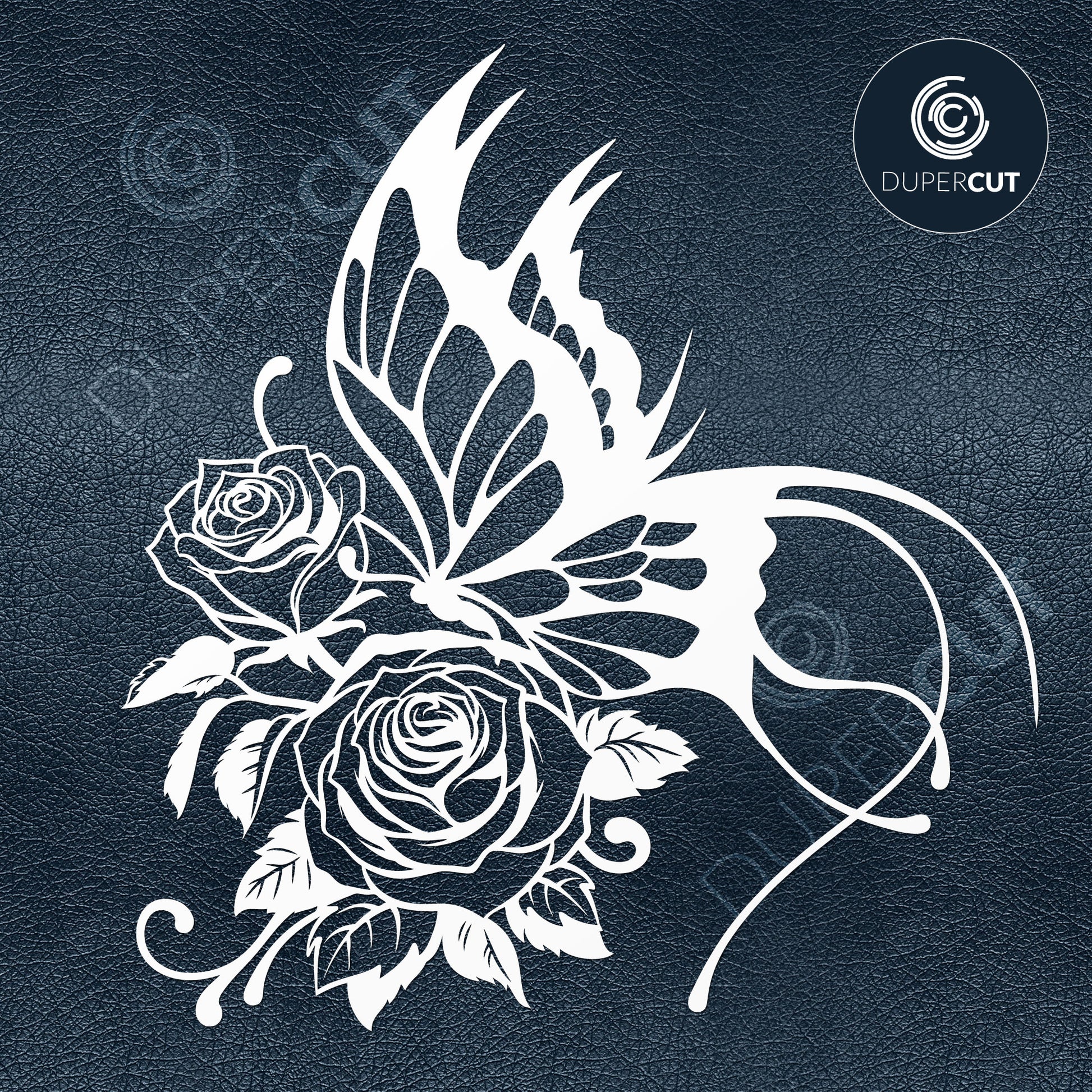 Beautiful buttefly sitting on roses line art - SVG DXF vector files for cutting and engraving by DuperCut.com
